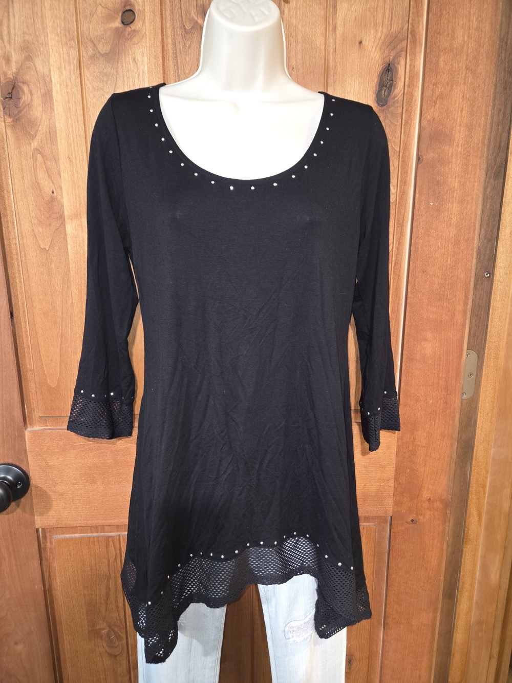 Belldini Black Scoop Neck Tunic with Stud and Crochet Hem